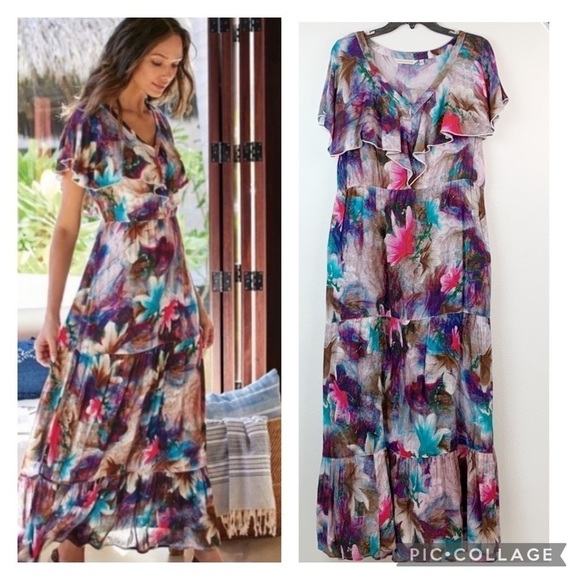 Soft Surroundings shoulder ruffle sleeveless elastic waist flowing maxi dress. - Picture 1 of 11